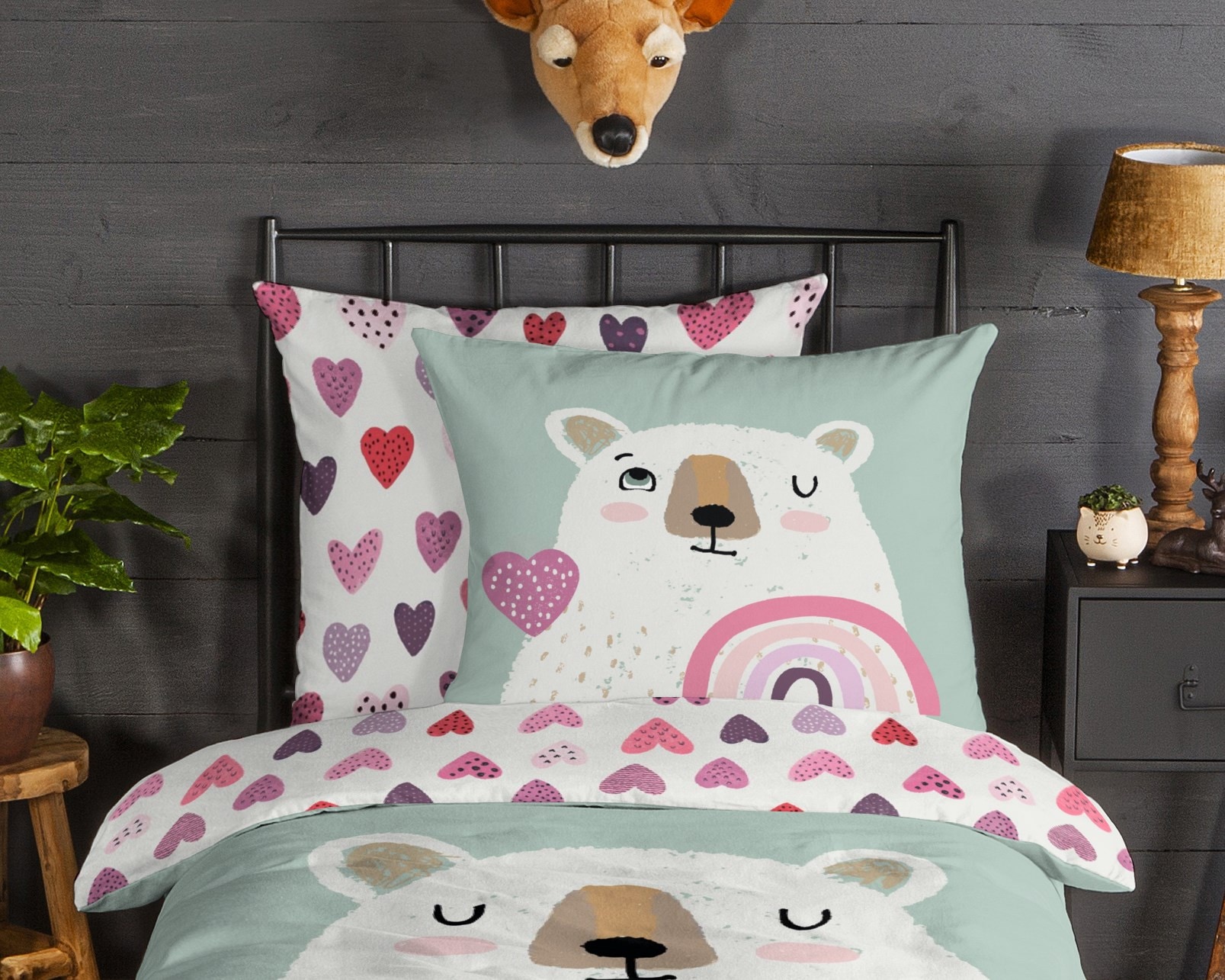 good morning Kinderbettwäsche »Ted« 2 Stk. tlg. Flanell, Biber, 135x200, Warm, Wende, Kind, Bär, Eisbär, minzgrün