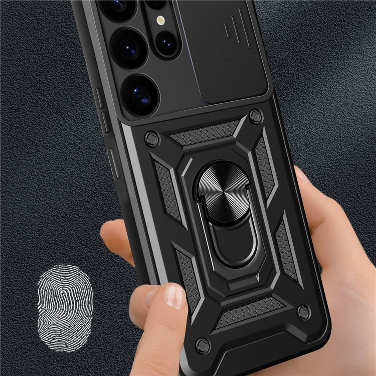 Samsung Galaxy A56 Hybrid Outdoor Hardcase Hülle mit Cam-Slider   Magnetischer Kickstand - Schwarz