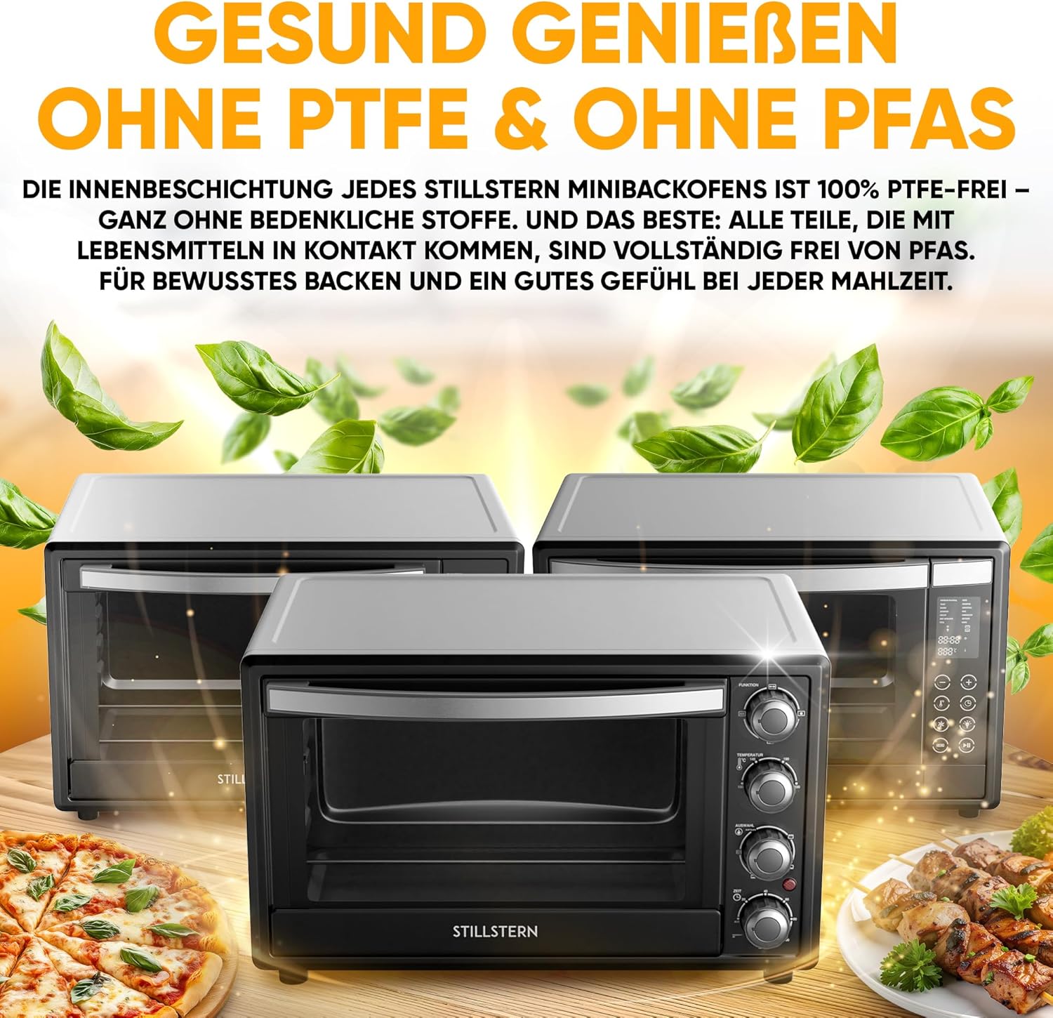 Stillstern Minibackofen mit Umluft 35L (DE Version) Pizza Ø28, CYCLONE PRO+ Antihaftbeschichtung, Auftauen, 2h Timer, Camping Mini Backofen Umluft Pizzaofen Mini Ofen klein Hähnchengrill mit Drehspieß