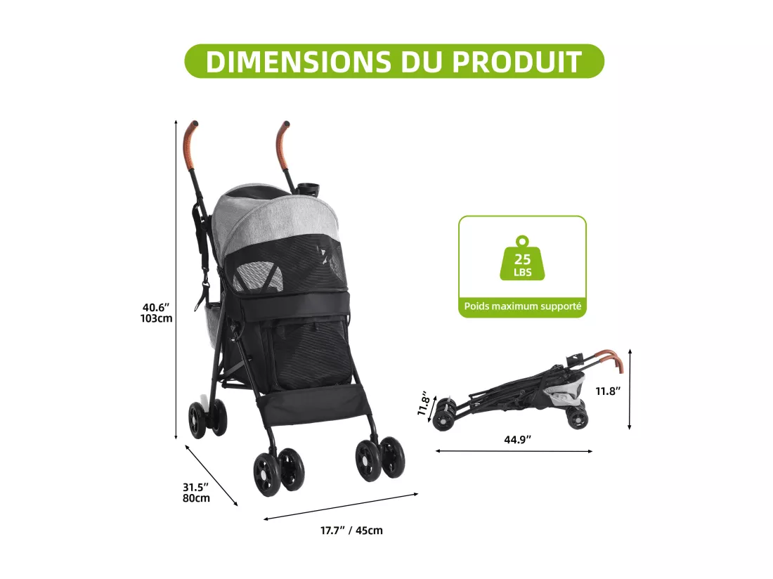 YITAHOME Poussette pour Chiens de Petite et Moyenne Taille - à 4 Roues avec Bretelles - Pliable - Porte-Gobelet - Gris