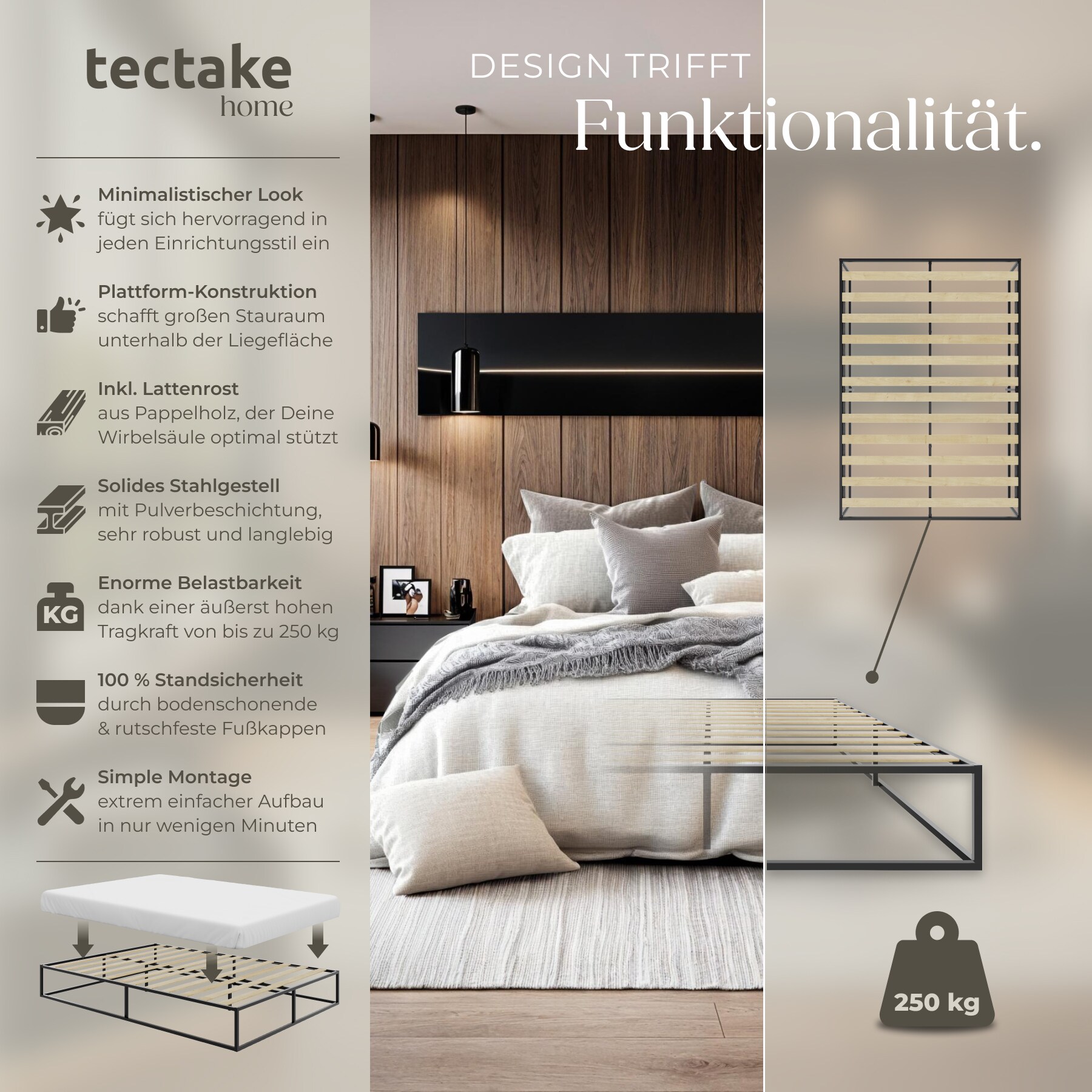 tectake® Bett, robustes Stahlgestell, zeitloses Design, Plattformgestell mit Unterbettstauraum, Belastbarkeit 250 kg, bodenschonende Kunststoffkappen