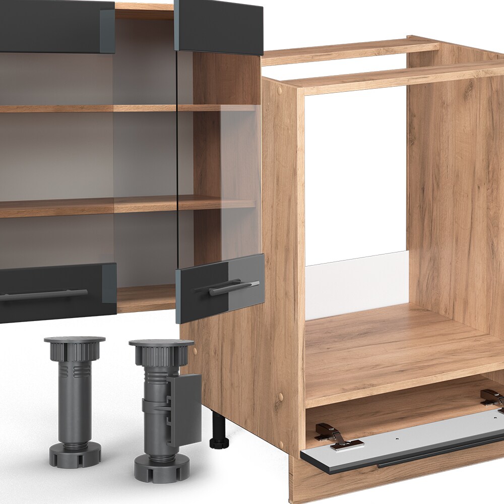 Vicco Küchenzeile Küchenblock Einbauküche Fame-Line Eiche Anthrazit 300 cm modern Schubunterschrank Herdumbauschrank Spülenunterschrank Hängeschrank Kühlumbauschrank Geschirrspülerblende Hochglanz