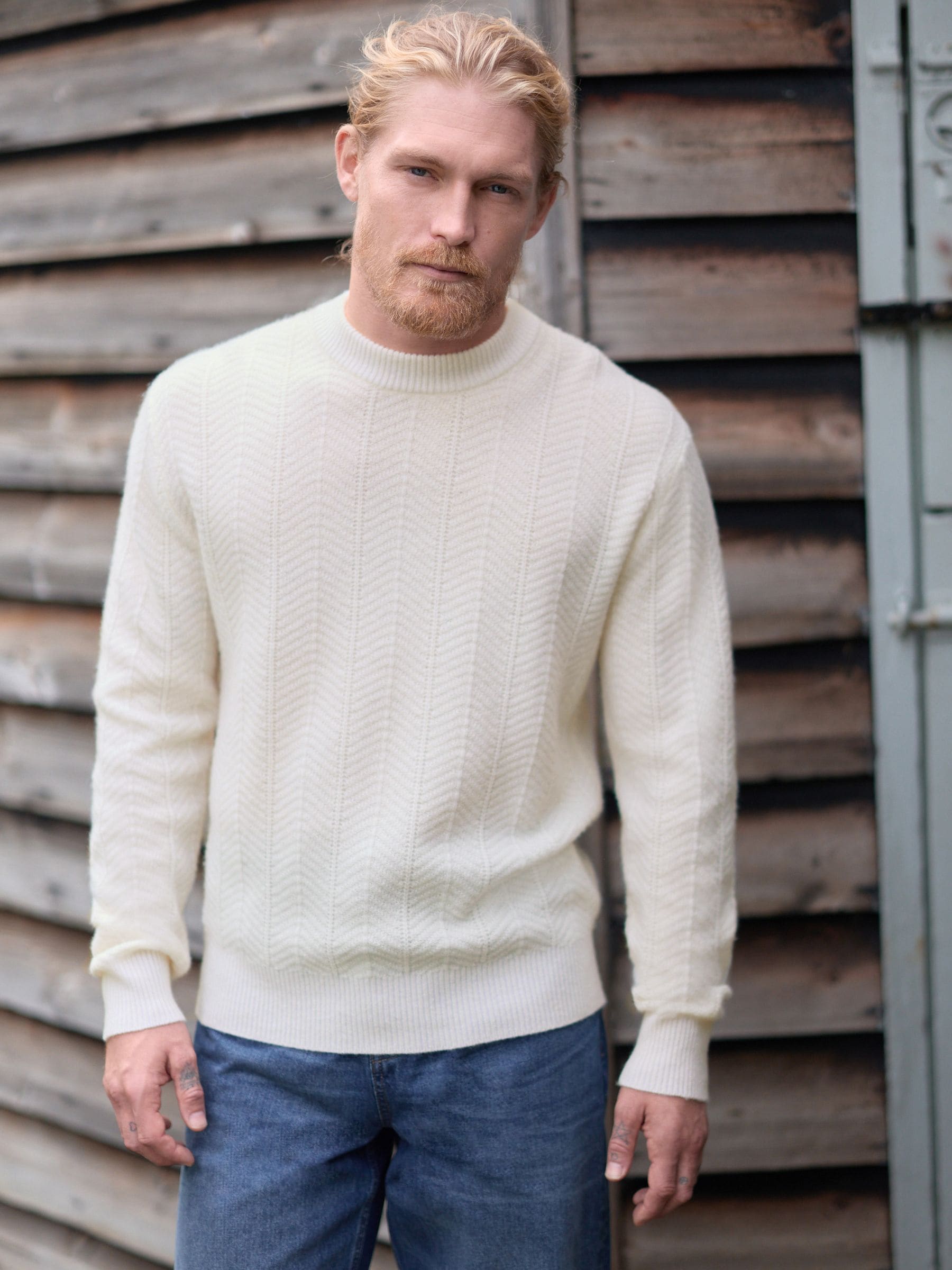 Ecru wit - Regular-fit Signature trui van lamswol/cashmere met ronde hals