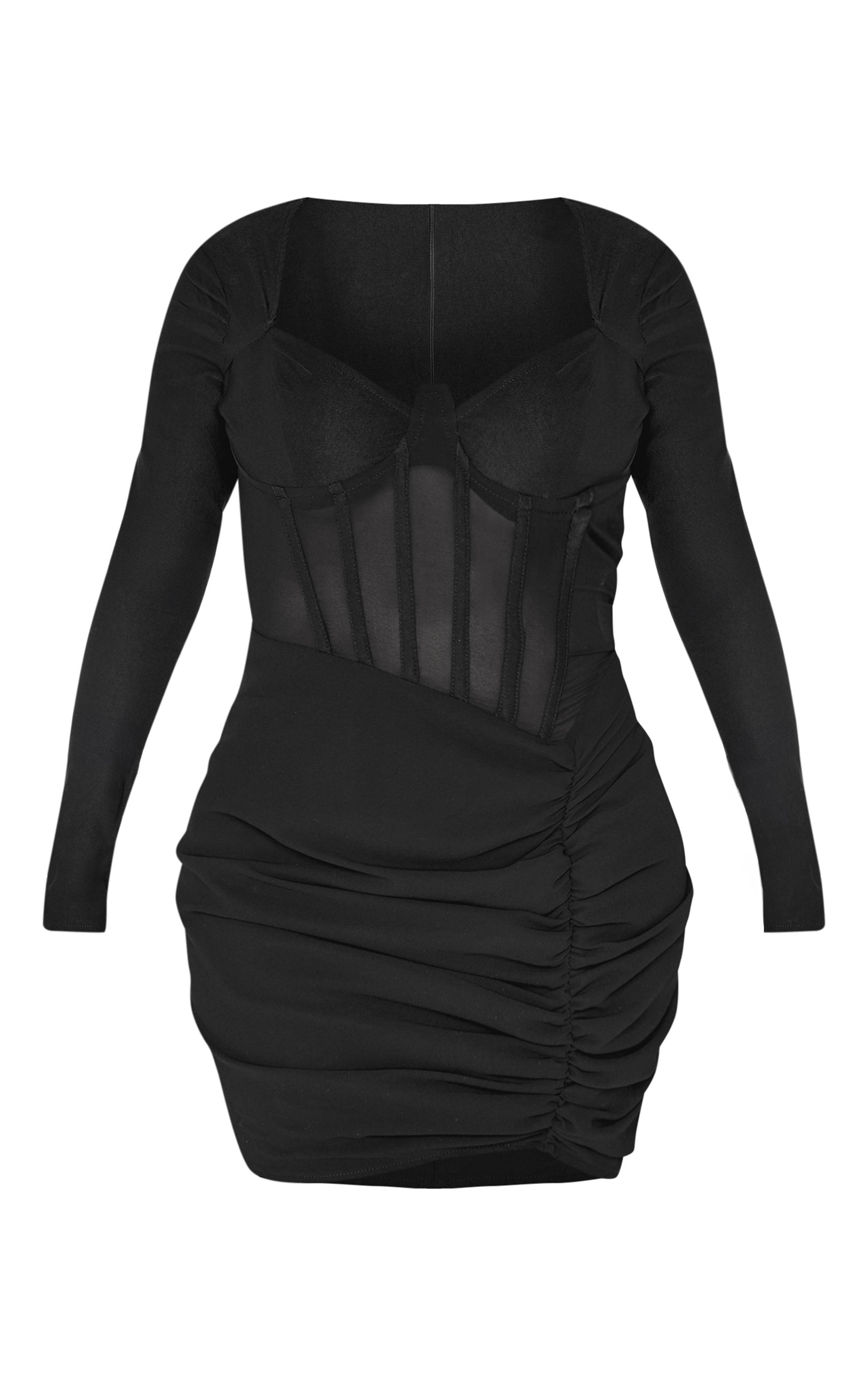 Noir Robe Mini Moulante À Empiècements Mesh Et Côtés Froncés Effet Corset