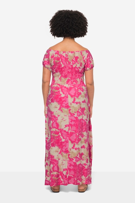 Jersey-Maxikleid, Alloverdruck, Runhdhals, gesmokte Büste, Halbarm