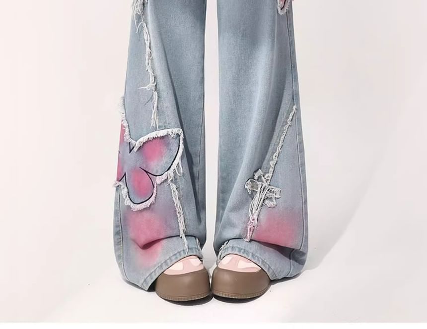 Vhancy - High Waist Washed Butterfly Wide Leg Jeans