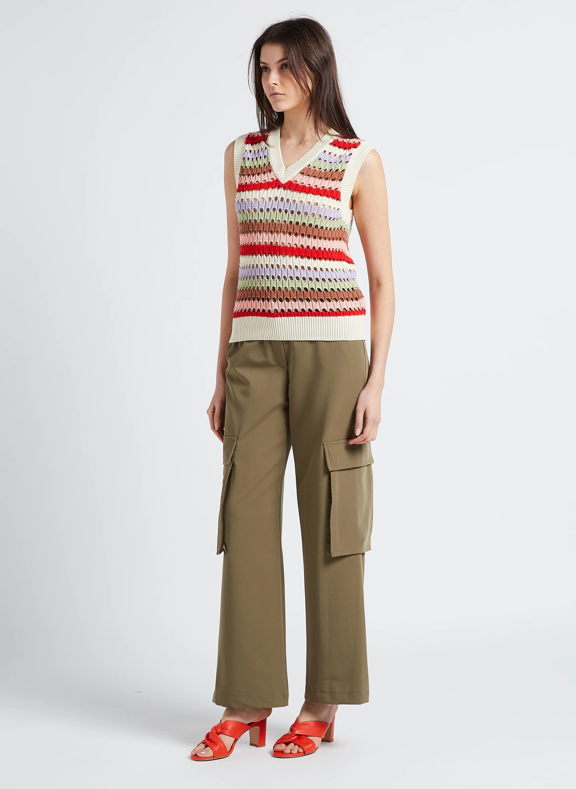 PATRIOTE - Pull col V rayé en coton | Beige