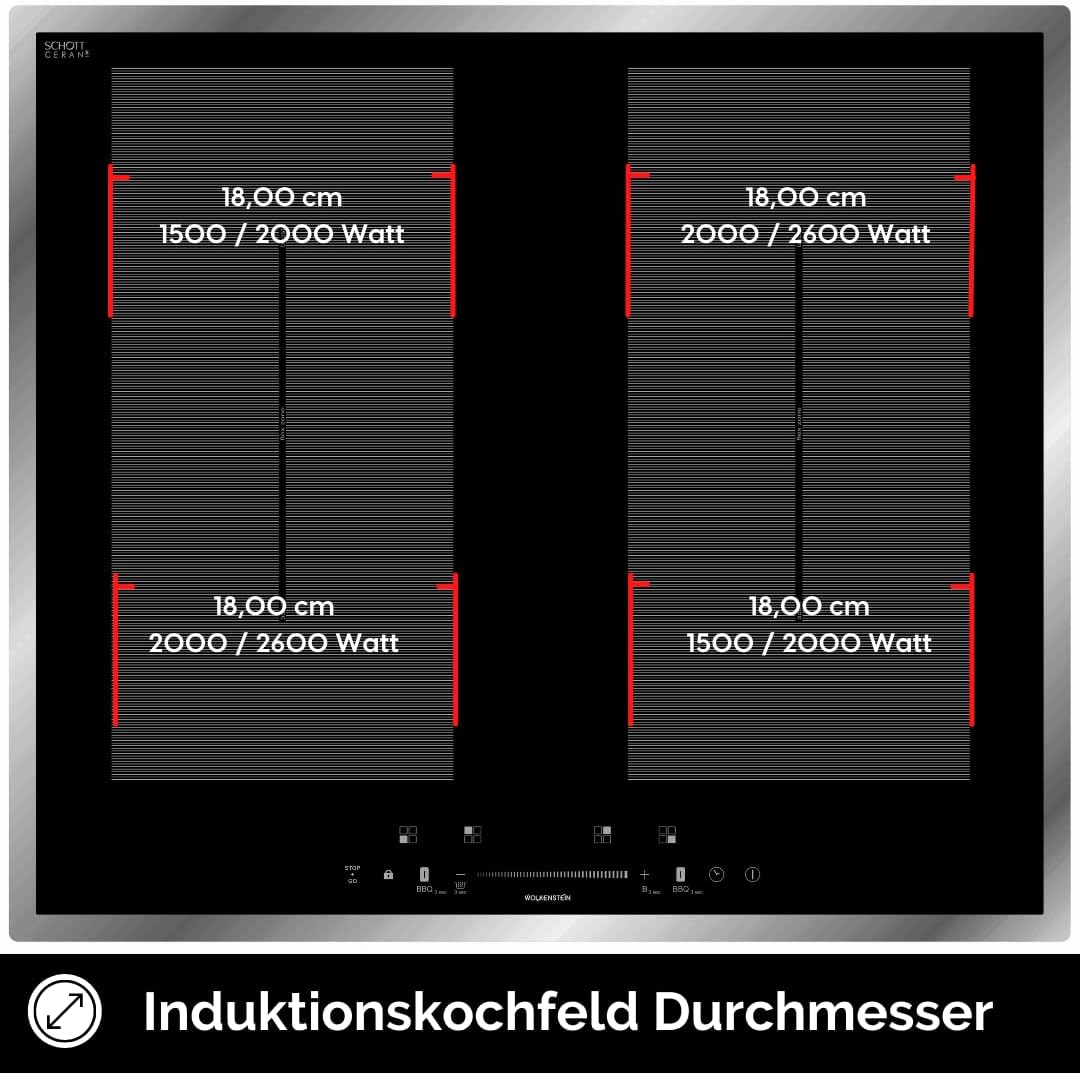 WOLKENSTEIN IF60-2FZBWSGW Induktionskochfeld mit Edelstahlrahmen | 60cm | Autarkes Kochfeld | 4 Kochzonen | 9 Heizstufen | 7400W | Slider Touch Control | Kindersicherung | Timer | Glaskeramik