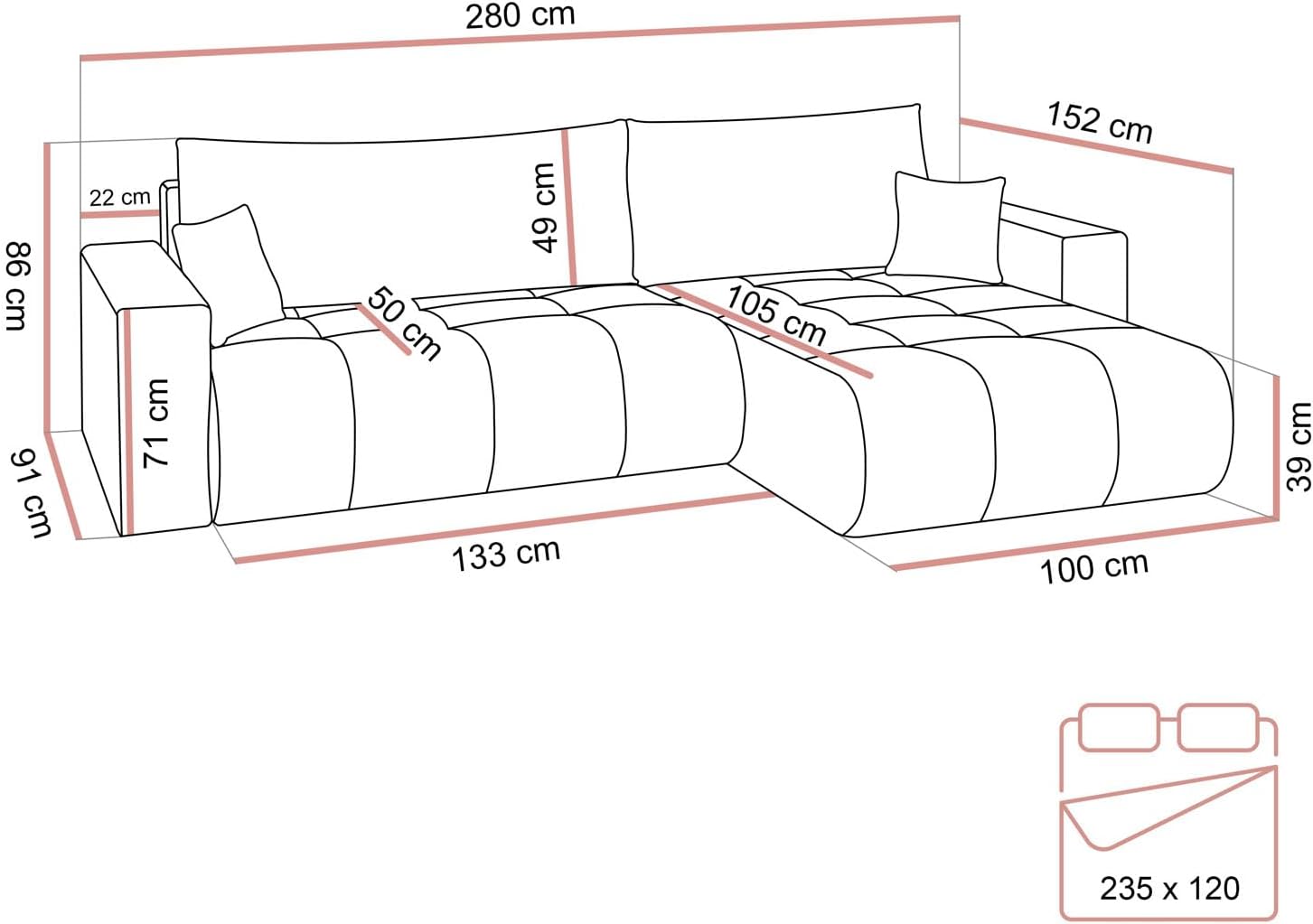 Lookway modernes Ecksofa Cloud II XL mit Schlaffunktion & Bettkasten - L-Form Eckcouch 280 cm mit Stauraum, modernes Schlafsofa 120x235 cm, mit Kissen, universell montierbar (Dunkelbraun - Vibe 26)