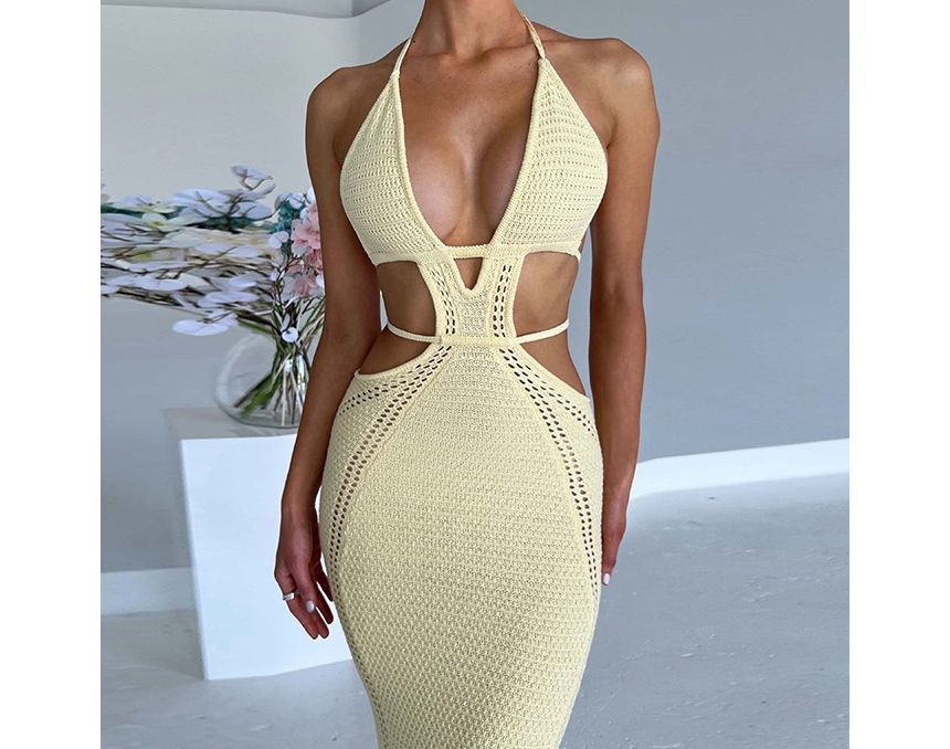 Puffields - Halter Cut Out Effen Maxi Bodycon Jurk