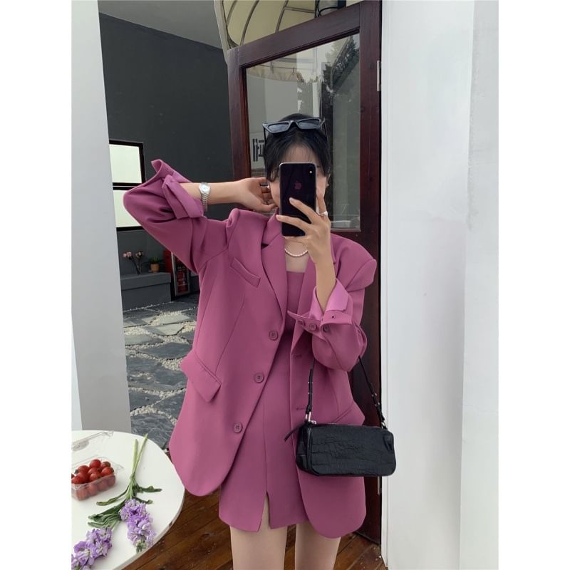 Jesong - Spaghettibandjes, vierkante hals, effen, split mini-jurk / oversized enkelrijs blazer
