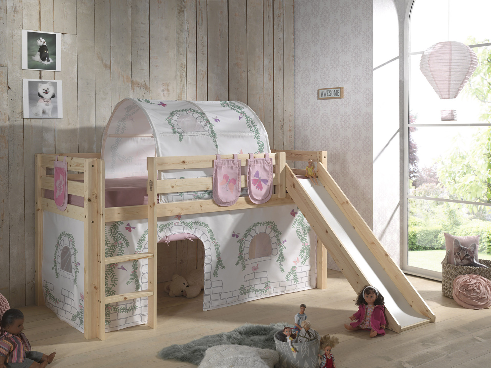 Spielbett PINO mit Rutsche und Vorhang BIRDY - natur - Tunnel & 3 Taschen - 90x200 cm