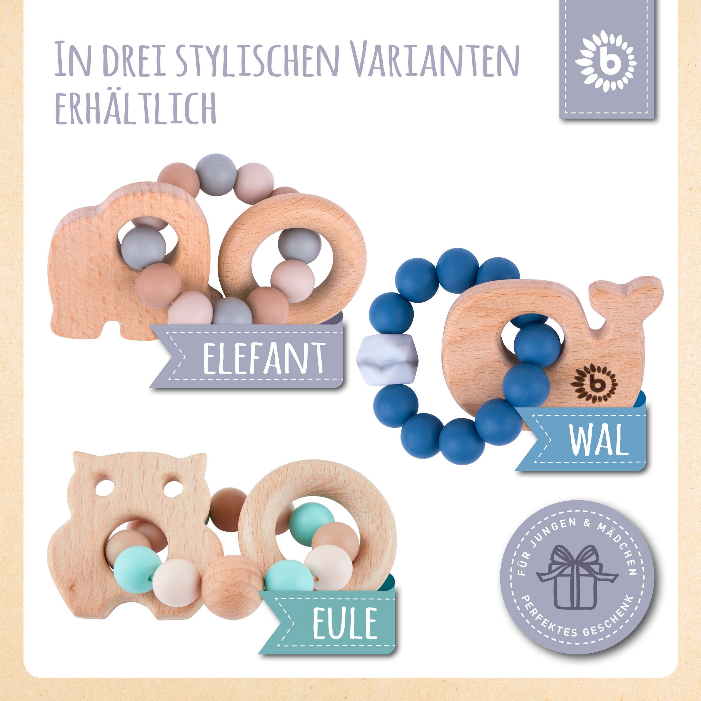 Bieco Greifling Holz Natur mit Silikon Elefant - ab Geburt Beige