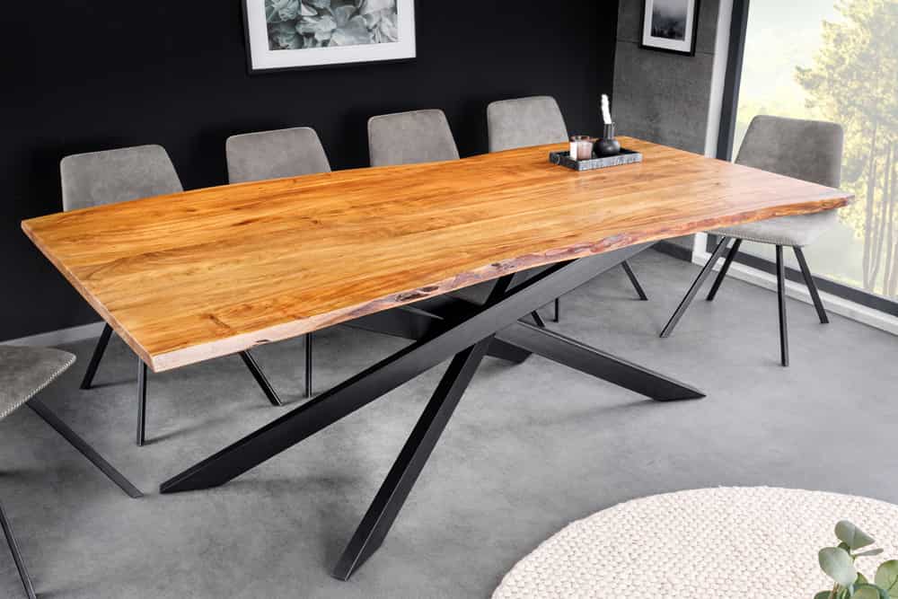 Massivholz Esstisch MAMMUT 200cm Akazie schwarz Metall Baumkante 3,5cm Tischplatte