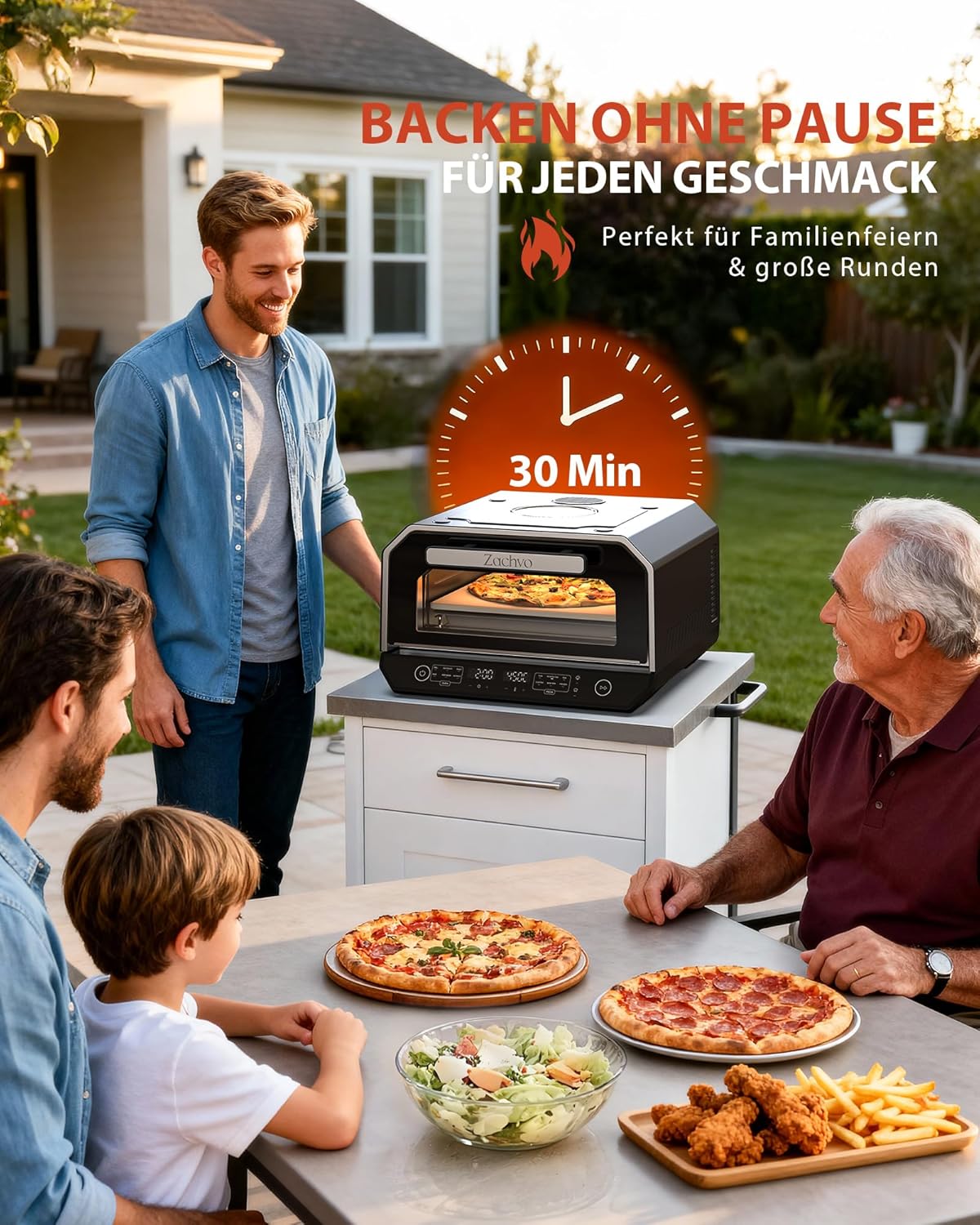Pizzaofen Elektrisch, bis 450°C für 90-Sekunden-Neapolitanische Pizza, 13 Programme (6 Pizza- & 6 Kochmodi + Profi-Funktion), Doppelte Heizelemente, Pizzaschaufel & Pizzastein & Backblech