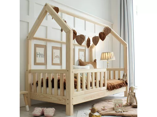 Lit cabane 90x200 barrière et sommier inclus pieds 10 cm Daisy Bois
