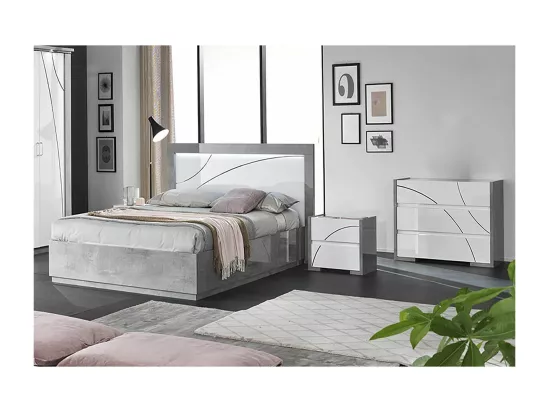 LINEAL - Chambre 160x200cm Blanche et Gris Béton Lit-Coffre avec Leds + 2 Chevets + Commode