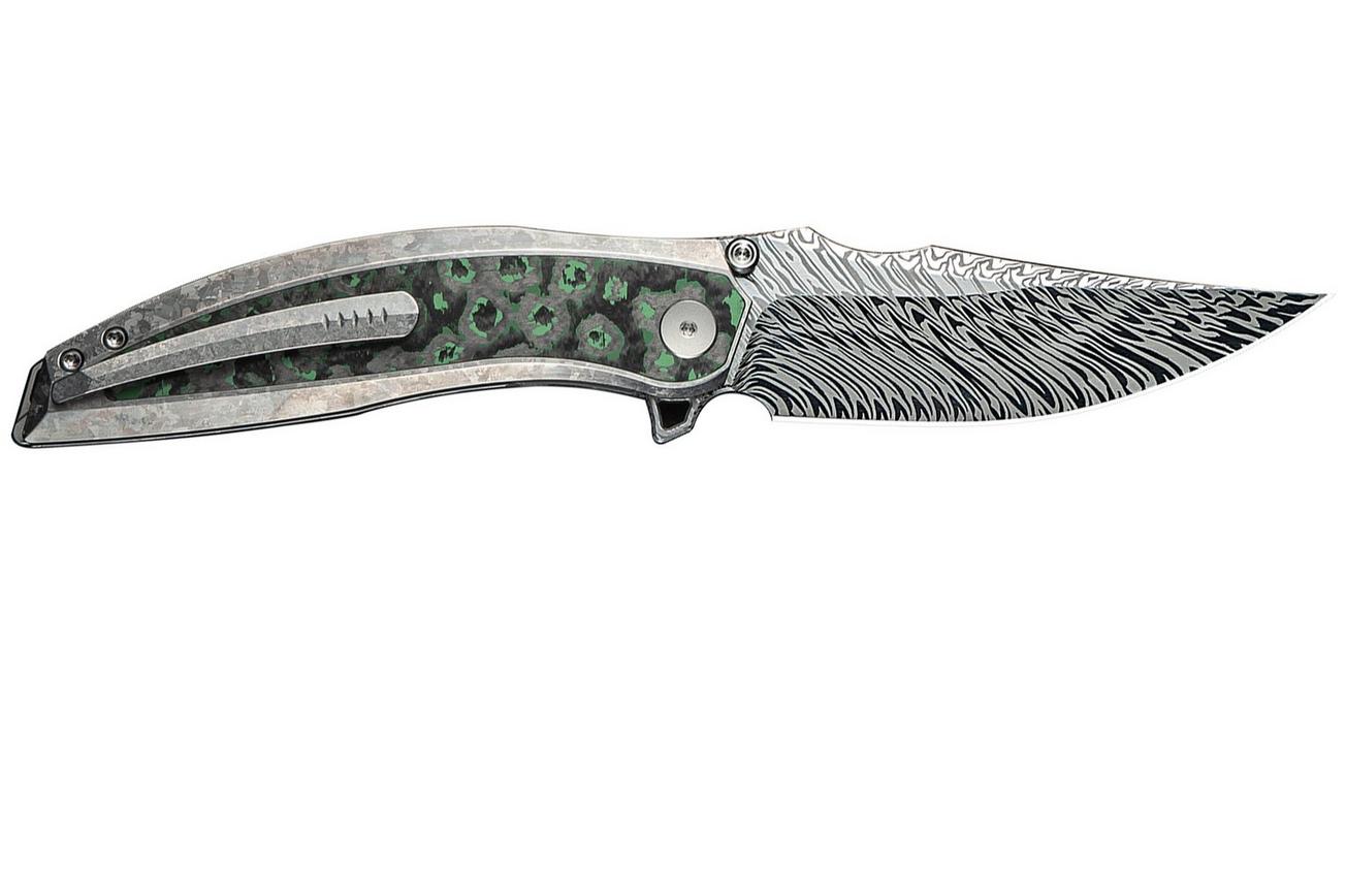 WE Knife Quinseris WE23093-DS1 Fafnir Damasteel, Crystalized Silver Titanium Jungle Wear Fat Carbon Inlay, zakmes