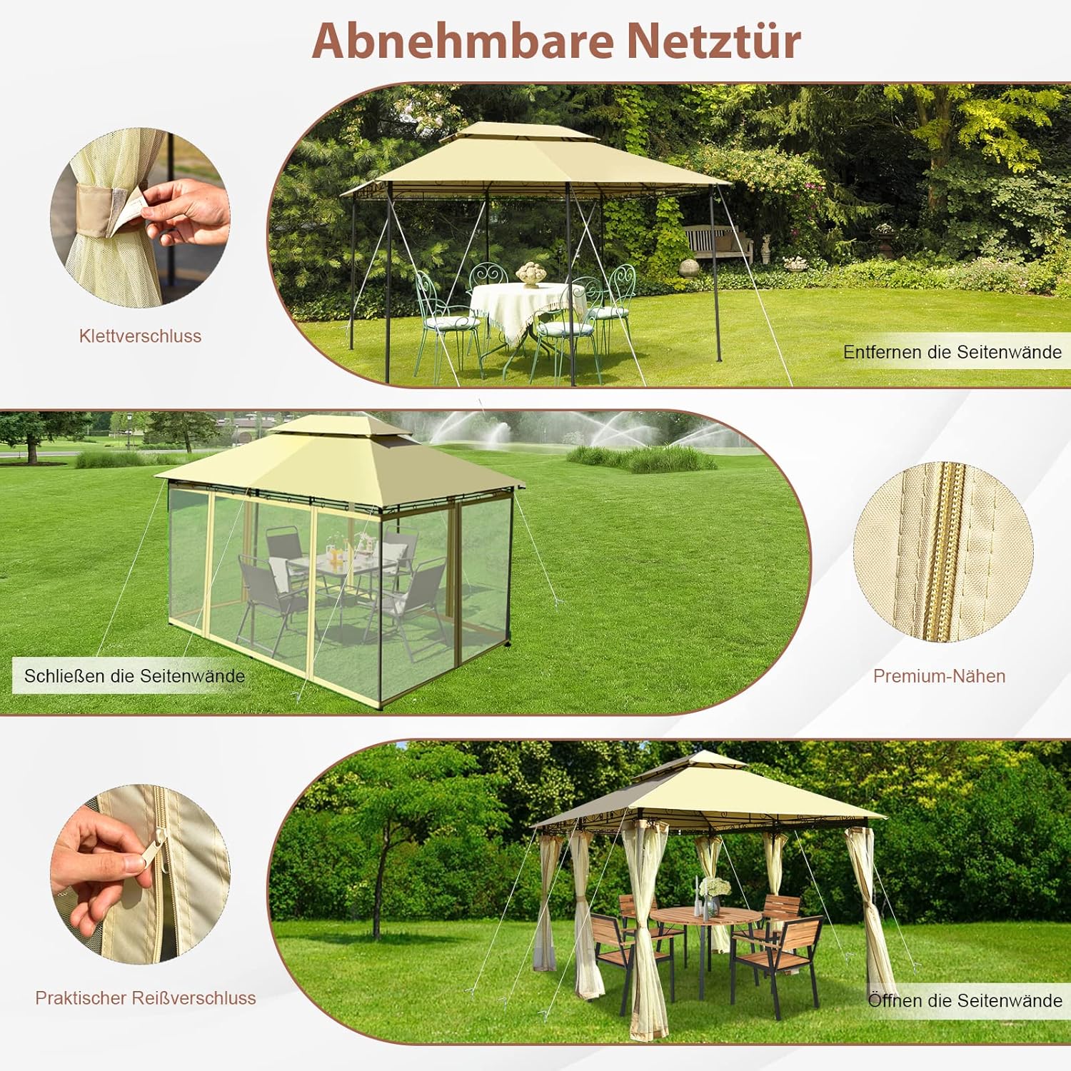 COSTWAY Pavillon Metall 3x4m, Gartenpavillon mit abnehmbaren 4 Seitenwänden, Gartenzelt Luxus, Festzelt Partyzelt Stabil, fürs Picknicken, Grillen, Hochzeiten (Beige)