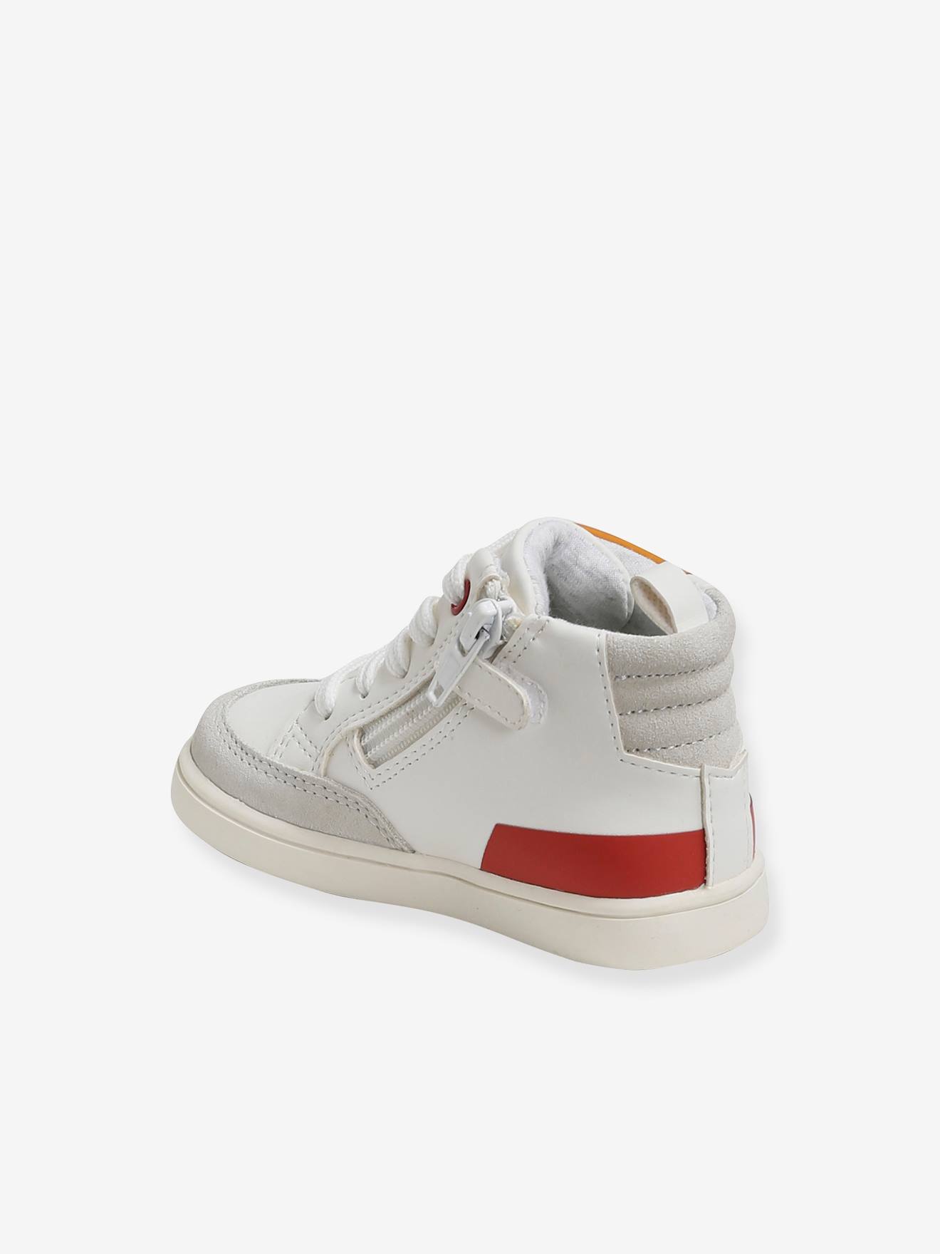 Tênis de cano alto para bebê menino, branco claro liso com estampas.