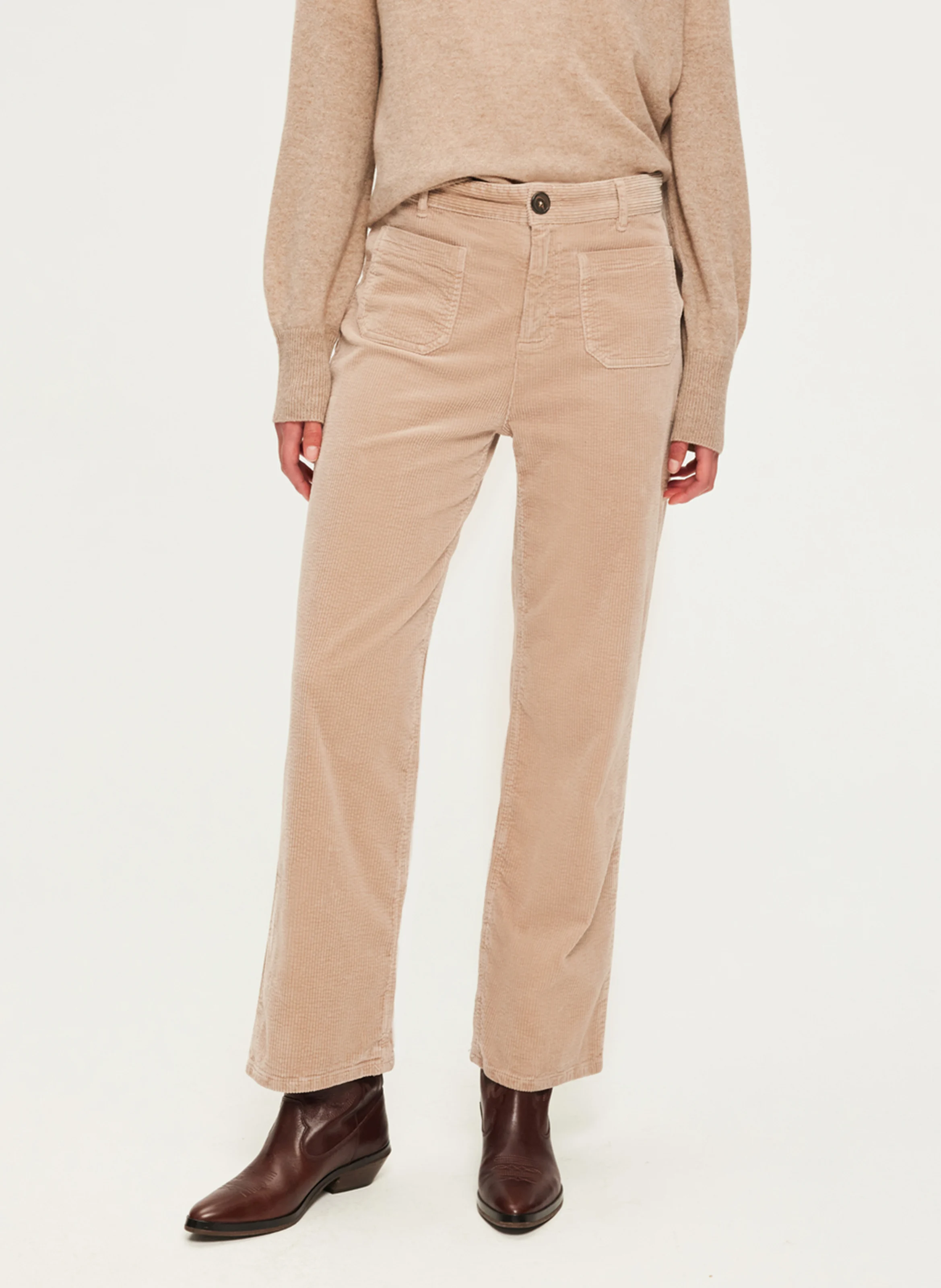 NANETTE - Pantalon droit en velours beige de coton | Beige