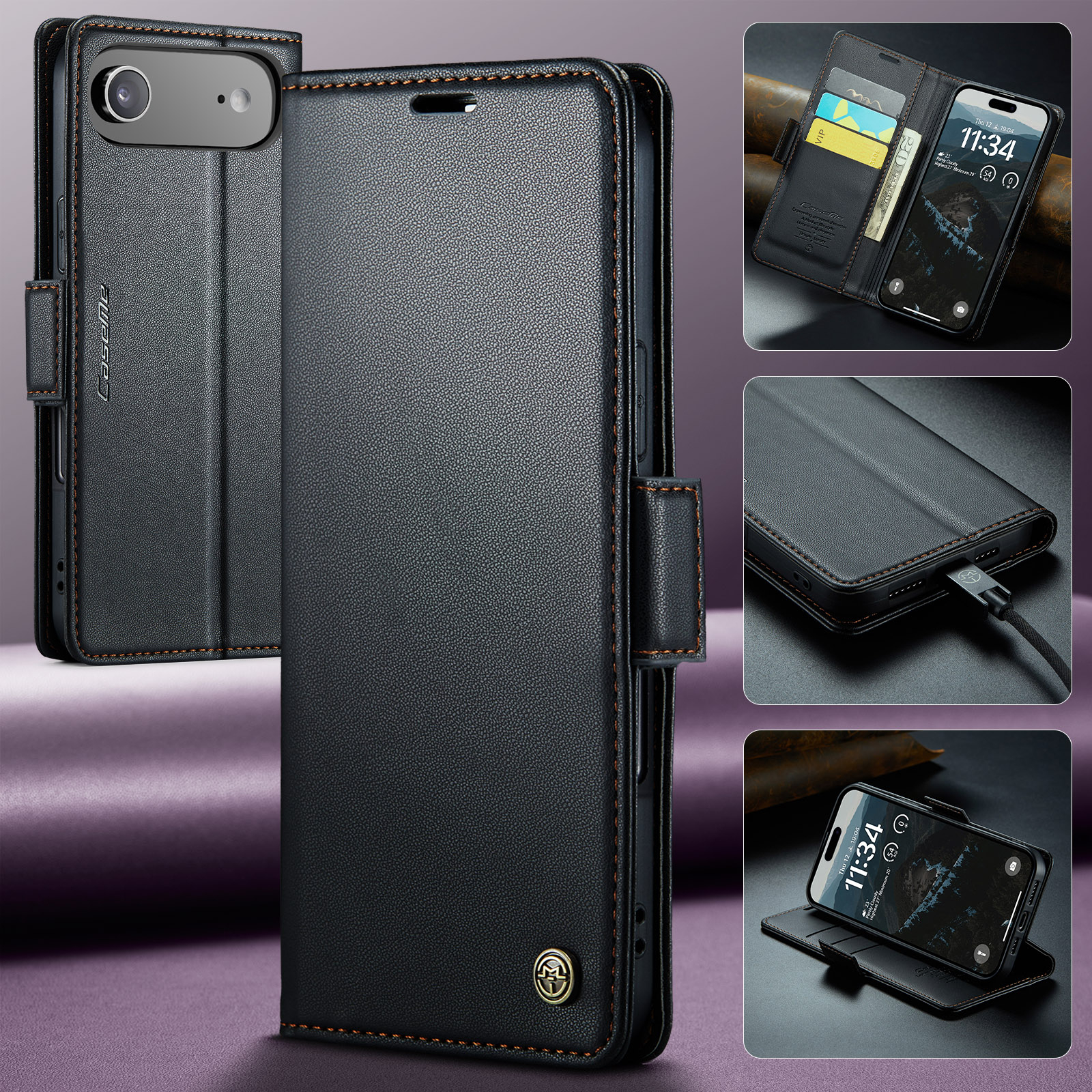 iPhone Air Leder Tasche Flip Wallet Etui mit Kartenfächern Litchi Look (RFID Schutz) - Schwarz
