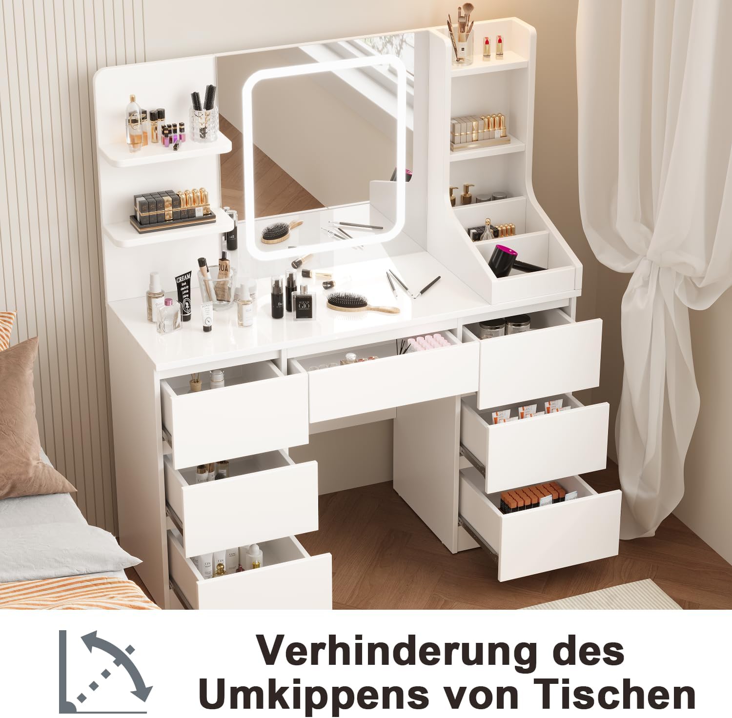 Devoko Große Schminktisch mit Beleuchtung und LED Verstellbaren Helligkeit, Schminktische mit Spiegel und 7 Schubladen, 7 offenen Ablagen, für das Schlafzimmer 110x40x140cm, Weiß