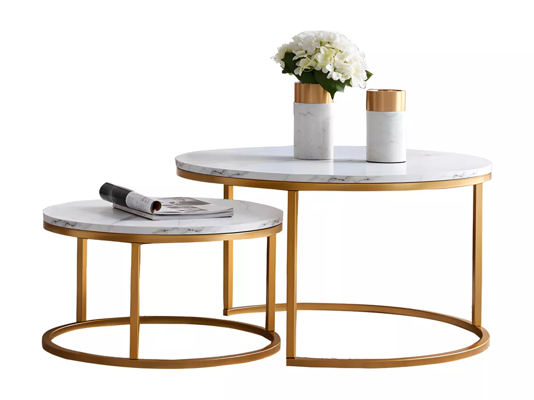 Lot de 2 Tables Basses gigognes - Marbre Blanc avec Structure en métal Dore - Table d'appoint Ronde - Table de salon Moderne, Tables de salon pour salon, Chambre à Coucher, Balcon