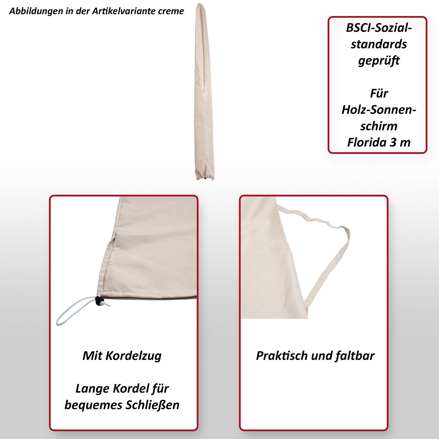 Schutzhülle für Holz-Sonnenschirm Lissabon 3m, Abdeckhülle Cover mit Kordelzug ~ creme