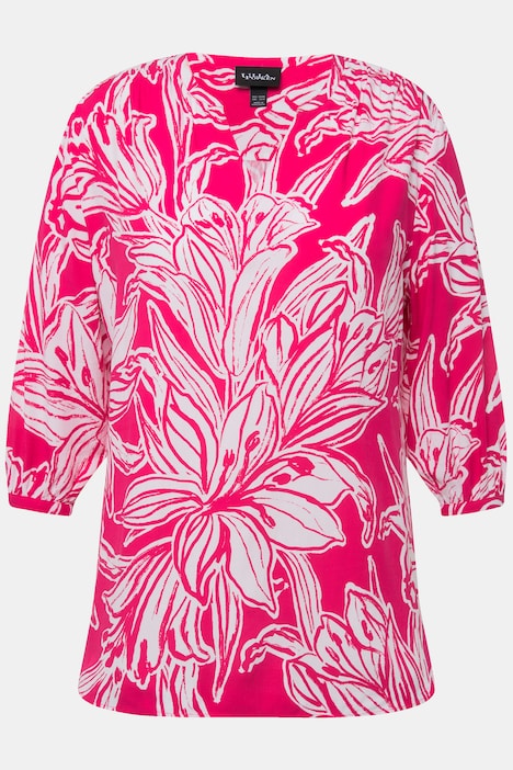 Tunika, Blüten, A-Linie, Tunika-Ausschnitt, 3/4-Arm