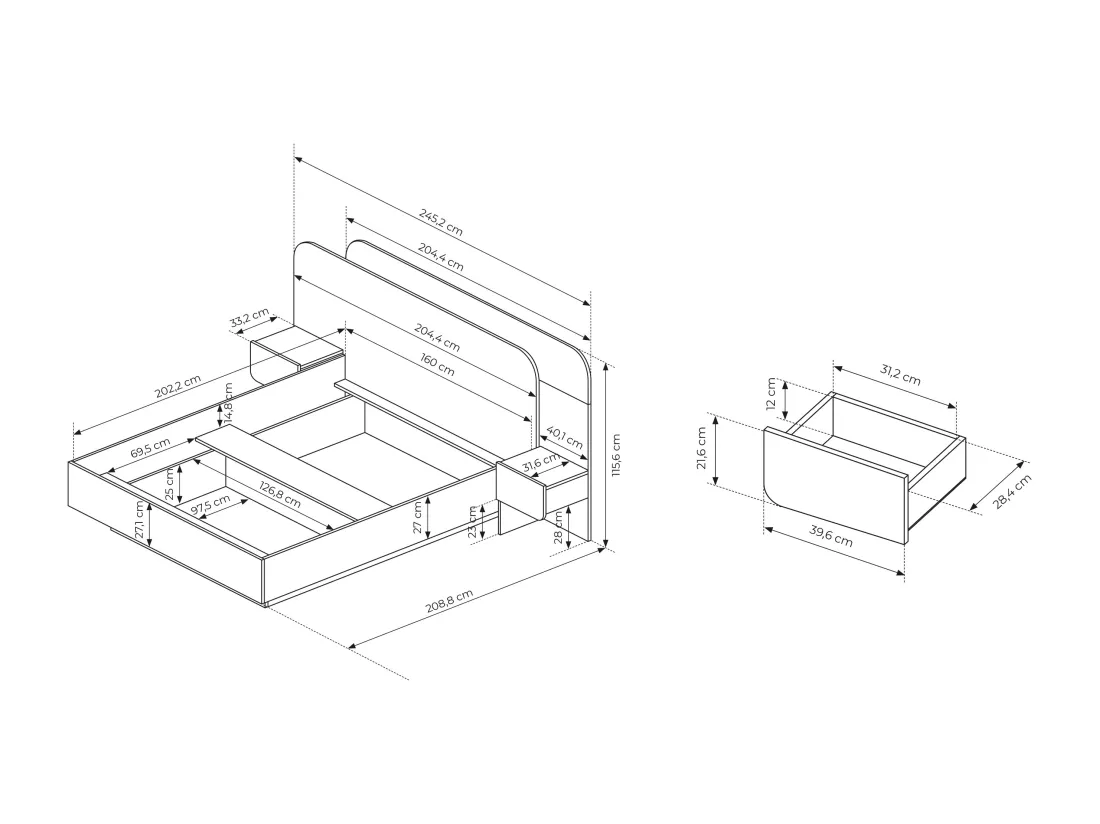 Lit coffre avec chevets 160 x 200 cm - Avec LEDs - Coloris : Naturel et anthracite + Matelas - DESADO