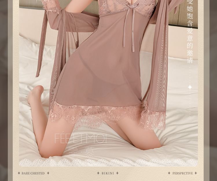 Femmu - Lingerieset: nachthemd + badjas + string + sjerp