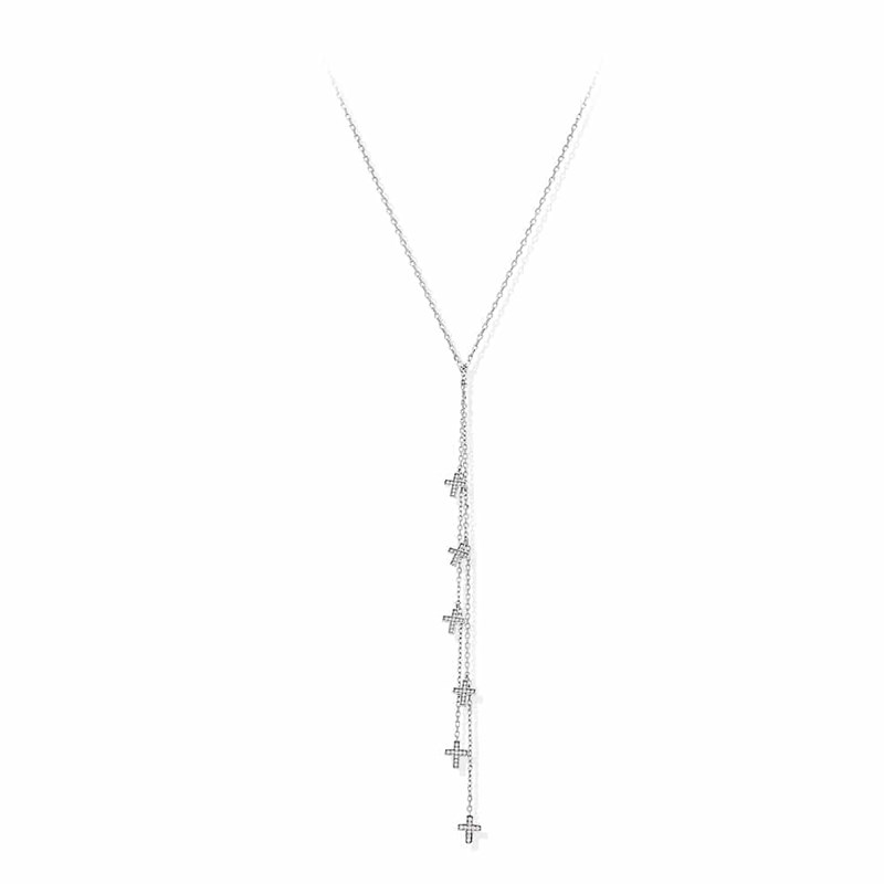 Collier Cravate Argent Croix Serti Blanc
