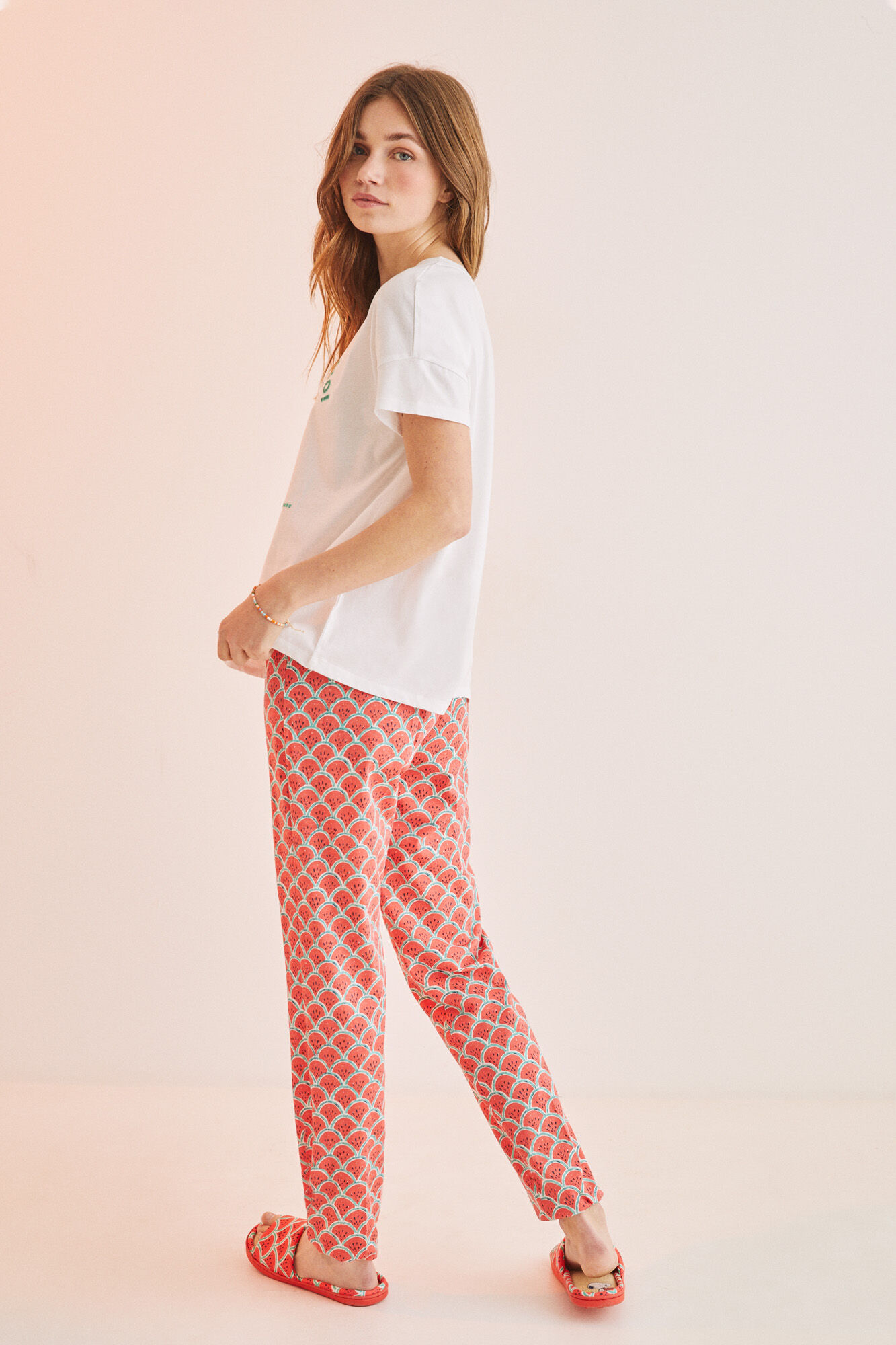 Pijama do Snoopy, 100% algodão, estampa de melancia - bege