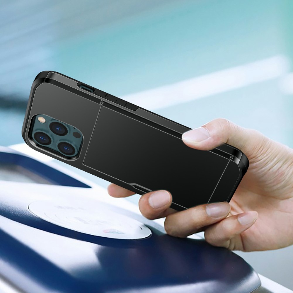 iPhone 13 Pro Hybrid Hardcase Hülle mit integriertem Karten Portemonnaie (aufschiebbar) - Schwarz