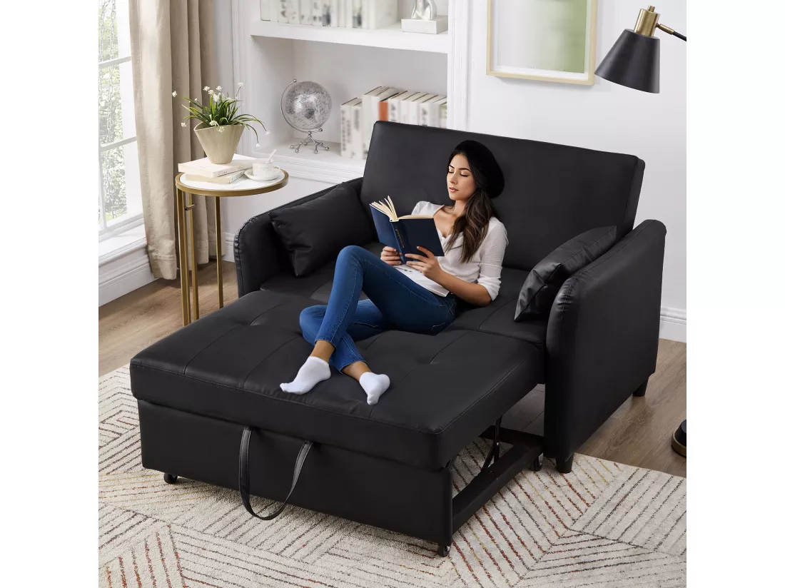 Canapé multifonctionnel 122x83x82cm - avec fonction couchage - canapé-lit double escamotable - dossier réglable sur 3 niveaux - matériau PU imperméable - noir