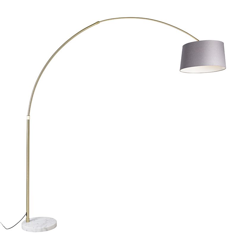 Booglamp messing met marmer stoffen kap grijs 45 cm - XXL