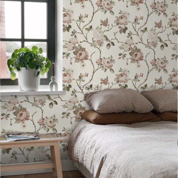 Estahome Vintage Bloemen Behang III - 0,53 x 10,05 m - Donkerblauw / Oudroze