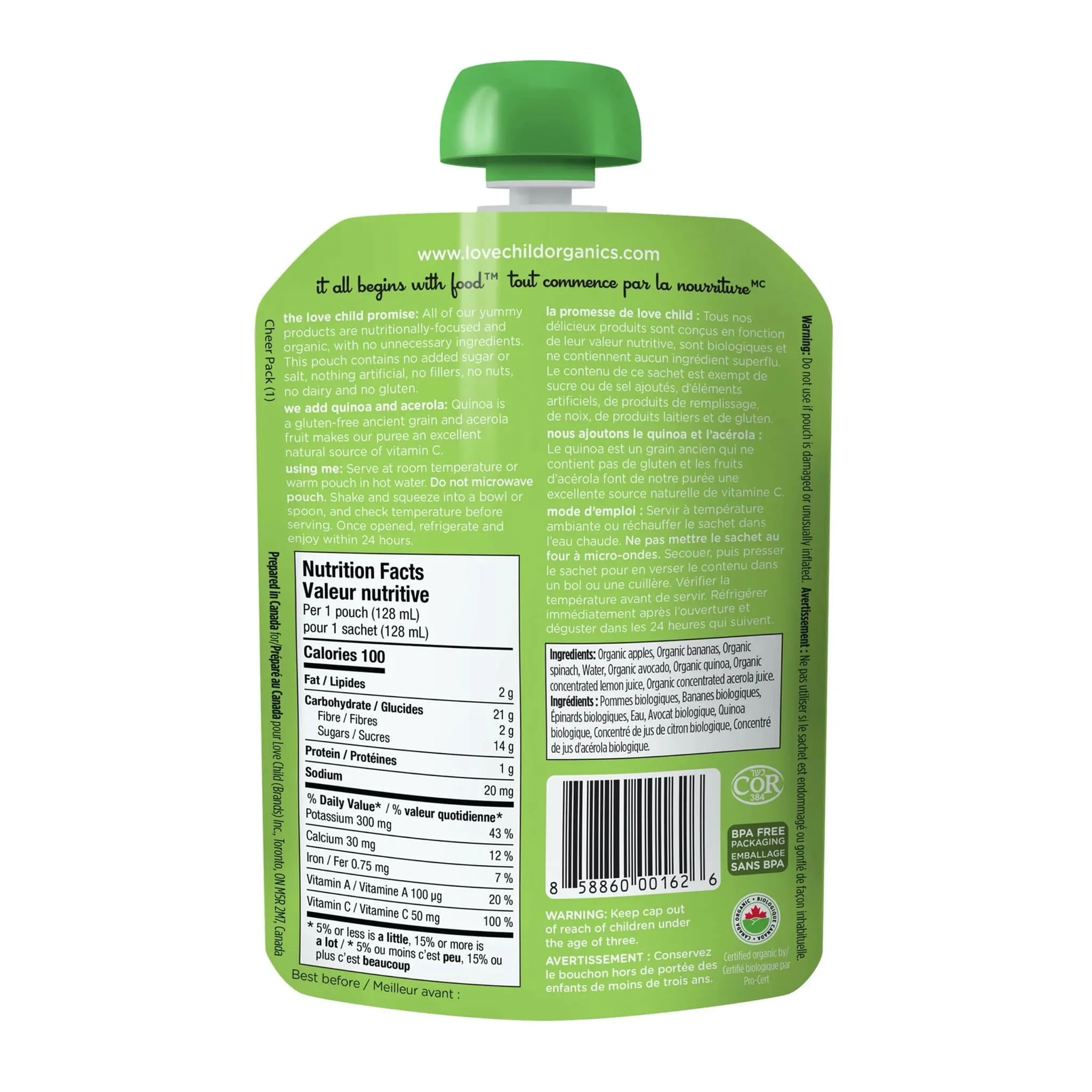 Love Child Organics Purée Bio - Superblends -  Pommes, Bananes, Épinards et Avocat (À partir de 6 mois)