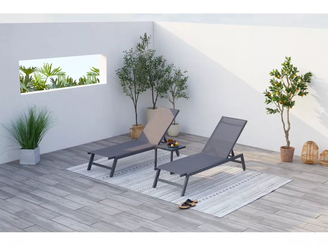 Lot de 2 transats + table d'appoint gris/noir PRATO