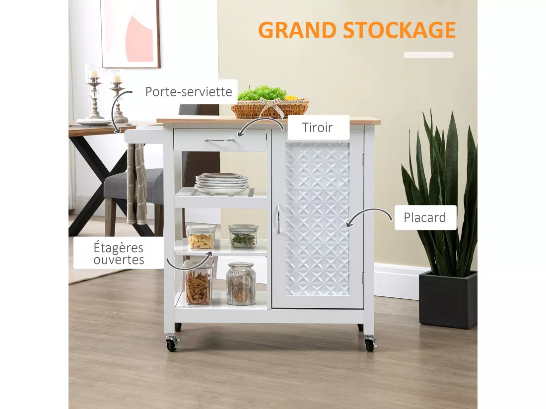 Desserte de cuisine style contemporain - porte, tiroir, 3 étagères - poignées métal MDF blanc plateau bois pin