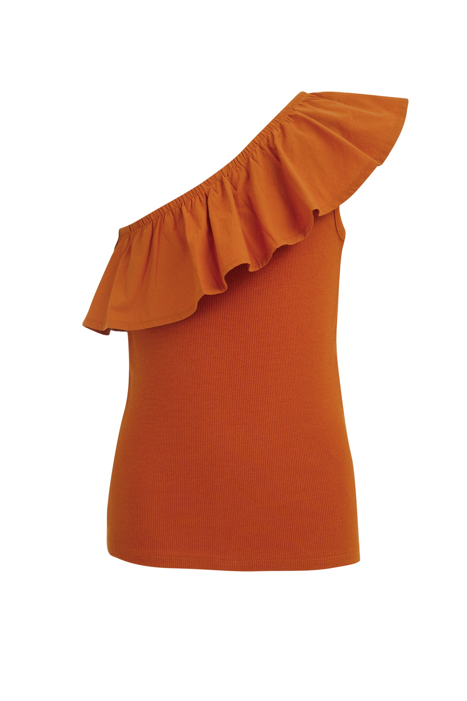 Meisjes one-shoulder top met ribstructuur WE Fashion Roestbruin
