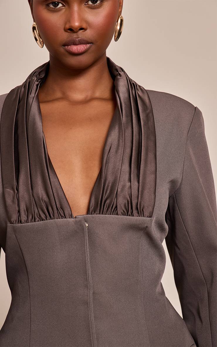 Gris Robe Blazer Tissée À Détail Plissé