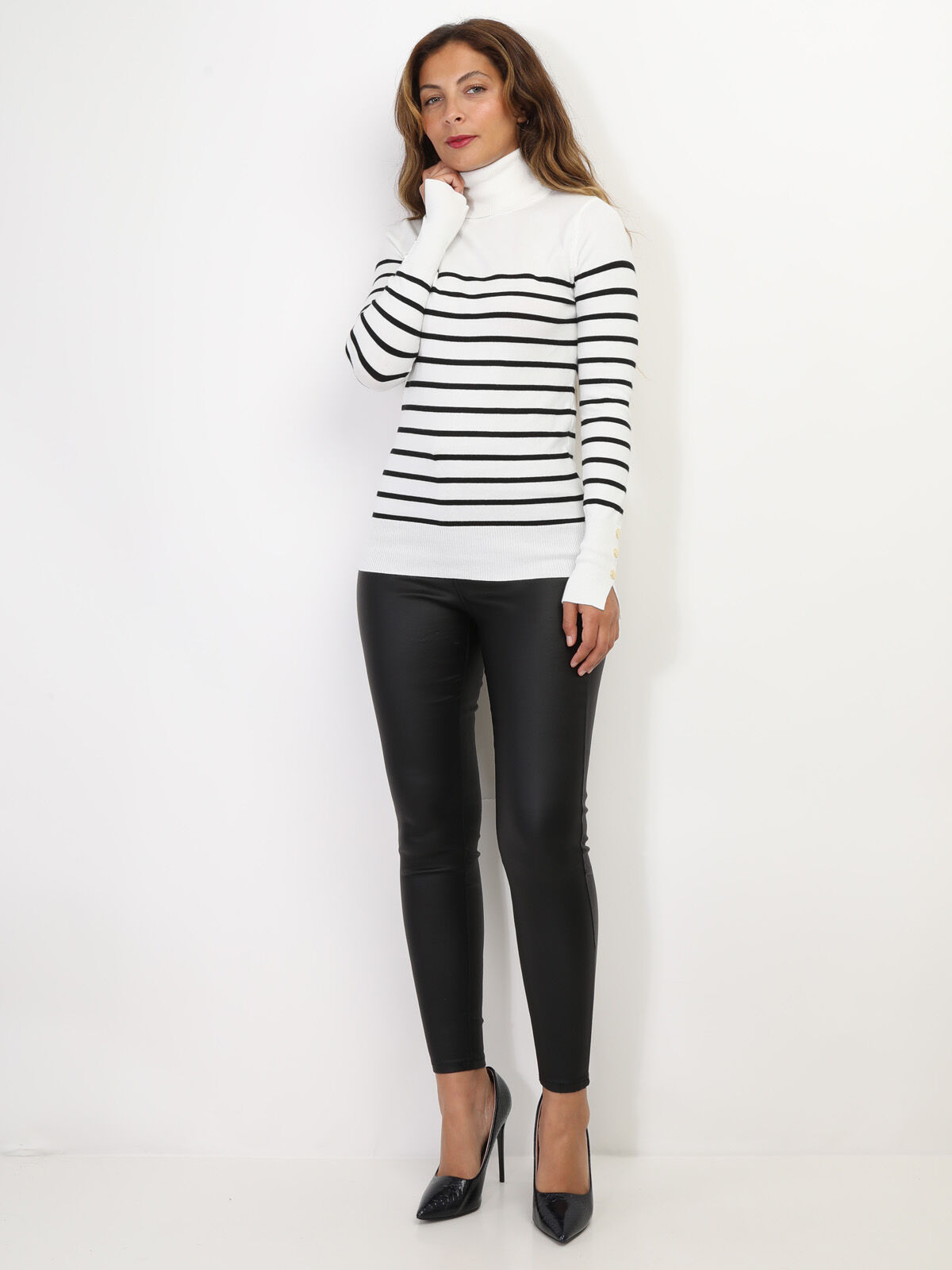 Pull marinière à col roulé- Blanc