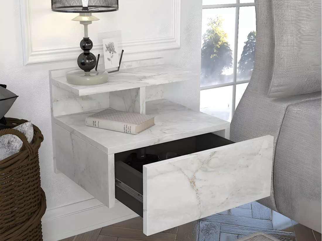 Lot de 2 tables de chevet suspendues - 1 tiroir - Effet marbre blanc - AZELNO