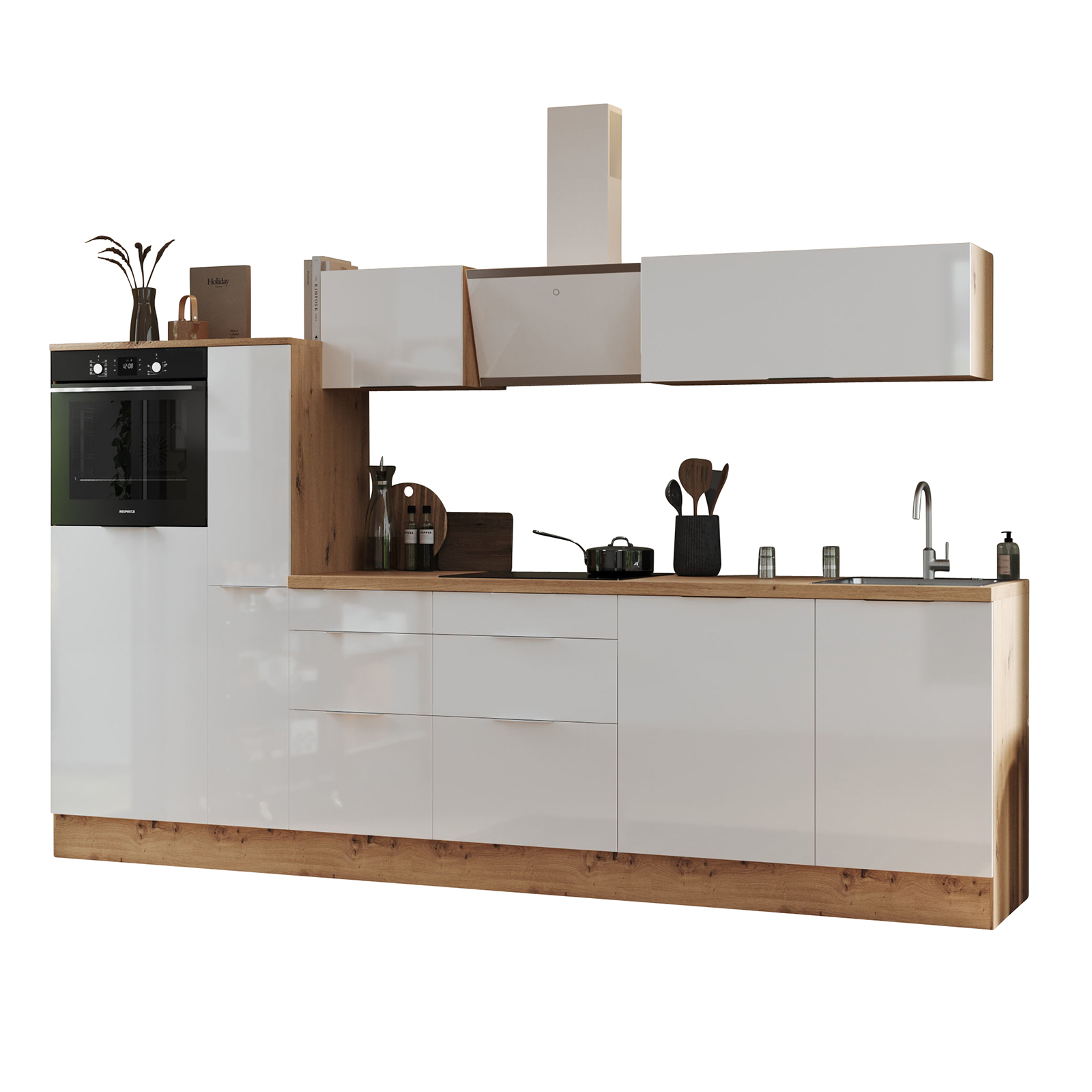 RESPEKTA Küchenblock - weiß Hochglanz - Artisan Eiche - mit E-Geräten - 310 cm