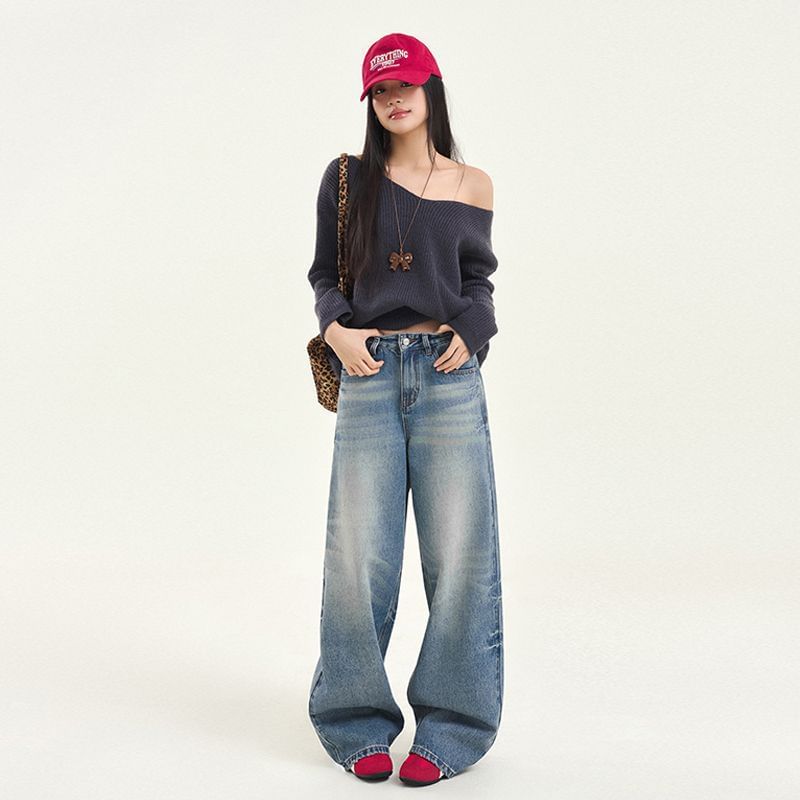 Denimot - Mid Rise Washed Wide Leg Jeans (diverse designs)