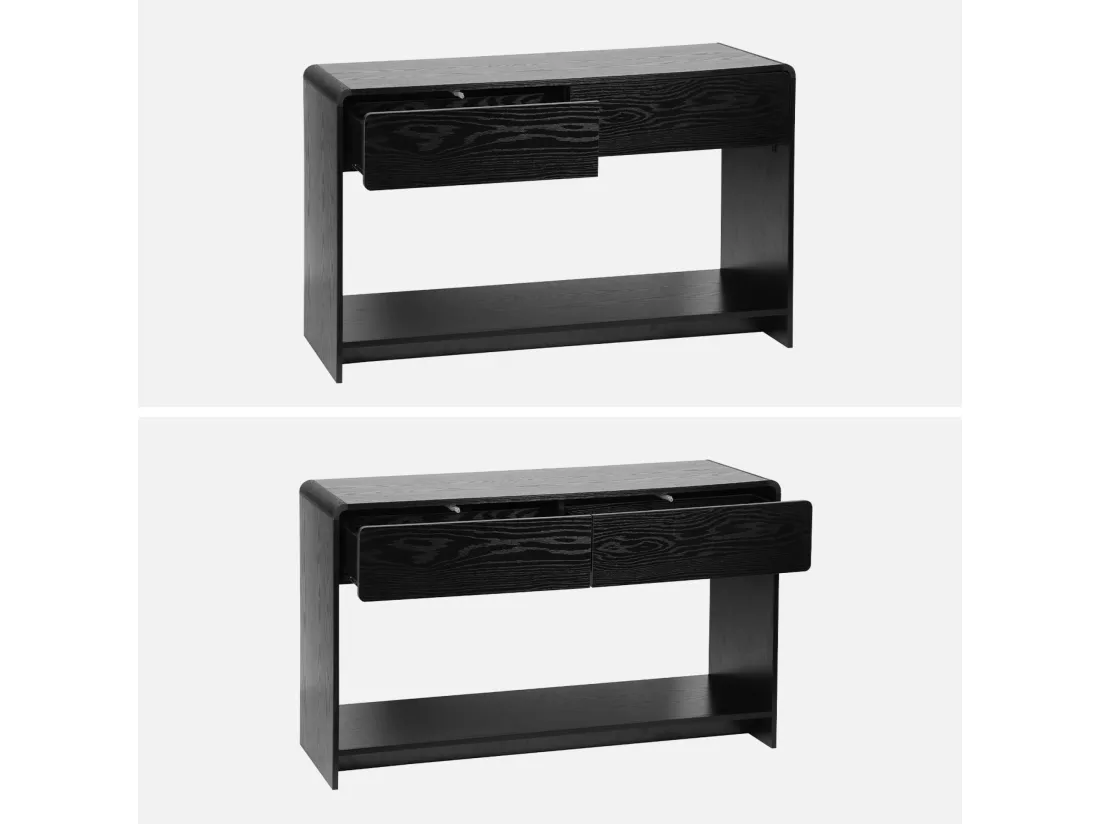 Console 2 tiroirs. 1 étagère. effet bois noir arrondi