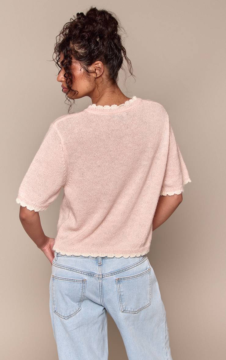 Rose T-shirt En Maille Mélangée Laine À Bords Festonnés Contrastants