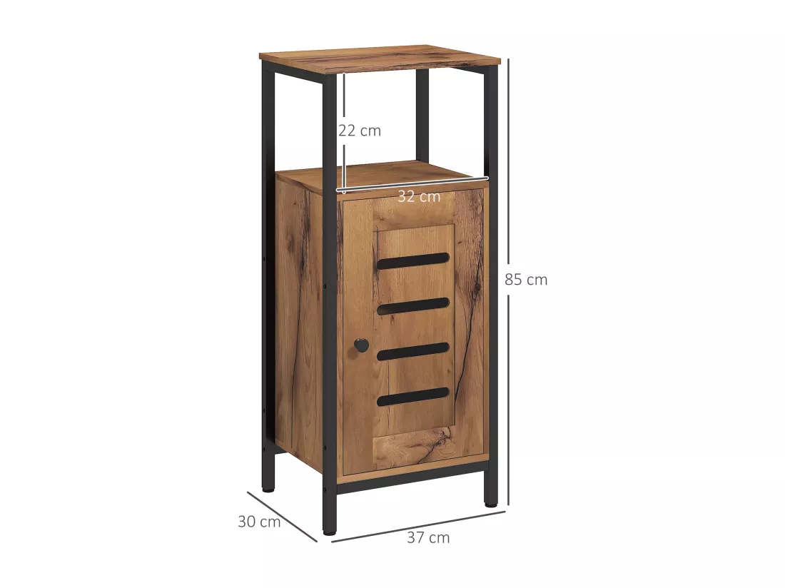 Meuble bas de salle de bain avec porte, armoire de toilette structure en acier, meuble colonne sur pied avec niche ouverte et étagère réglable, 37 x 30 x 85 cm, brun rustique